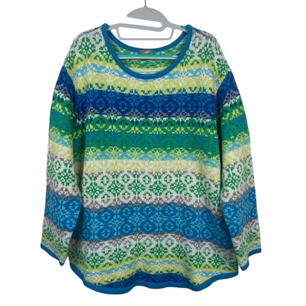 J. Jill, Blue Green Fair Isle Wool Rabbit Hair Crew Neck